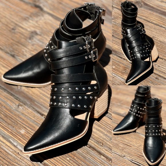 NEW Black Studded Cutout Buckle Strap Pointy Toe Block Heel Ankle Booties Vegan - Picture 12 of 16